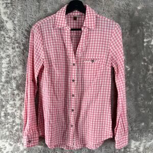 Kut From The Cloth Size XS Plaid V Neck Casual Button Top Pink Long Sleeve
